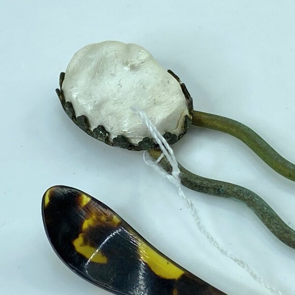 Antique Japanese metal Pearl clay fork and faux tortoise hairpin stick GS623